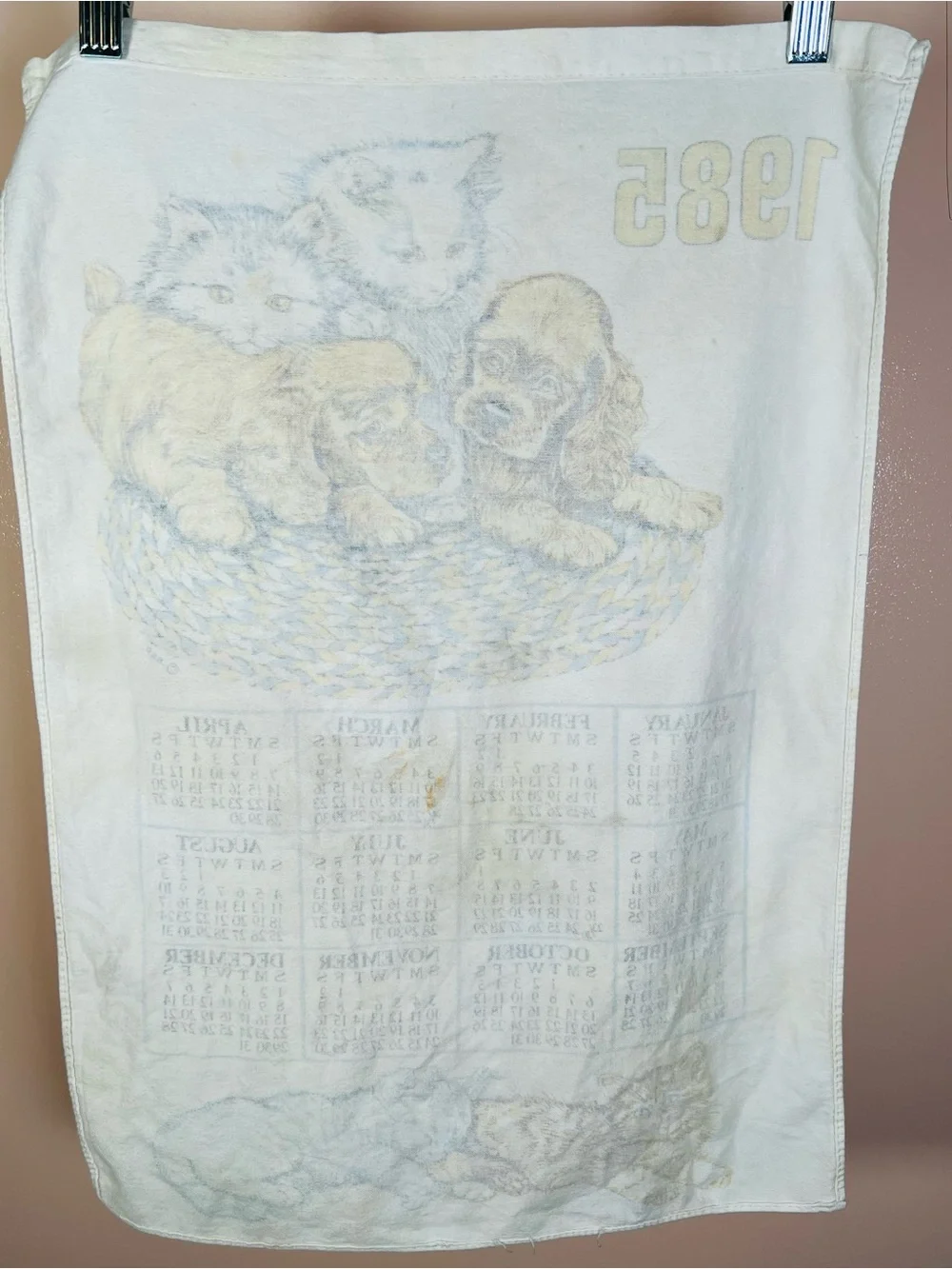 Vintage 1985 Calendar Kitchen Towel with Kittens & Puppies
